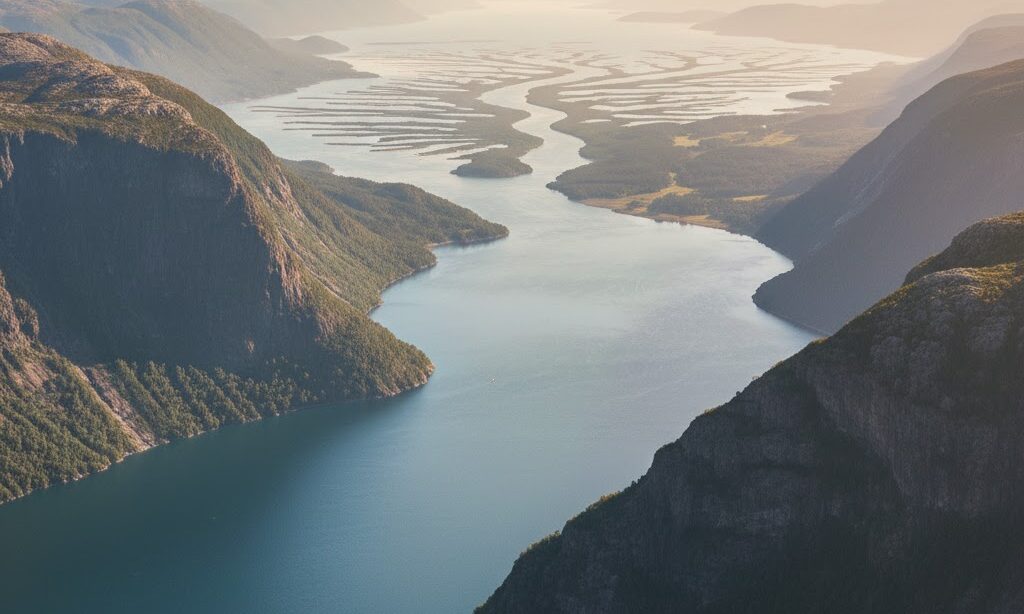 フィヨルドと他の地形との違いが分かる、切り立った断崖と湾の写真