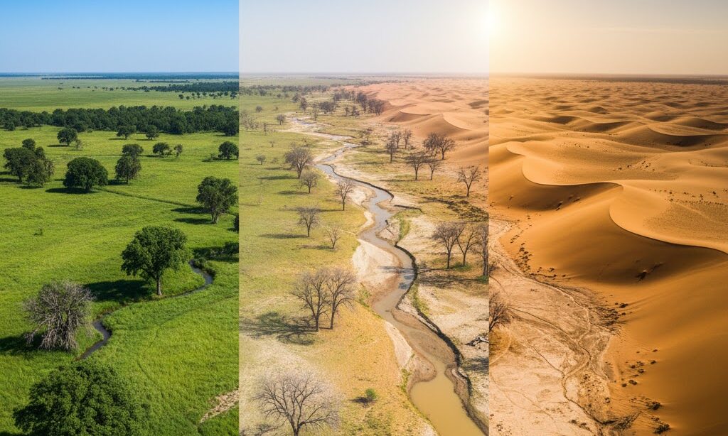 砂漠化が進行するイメージ|草原が乾燥して砂地になる過程