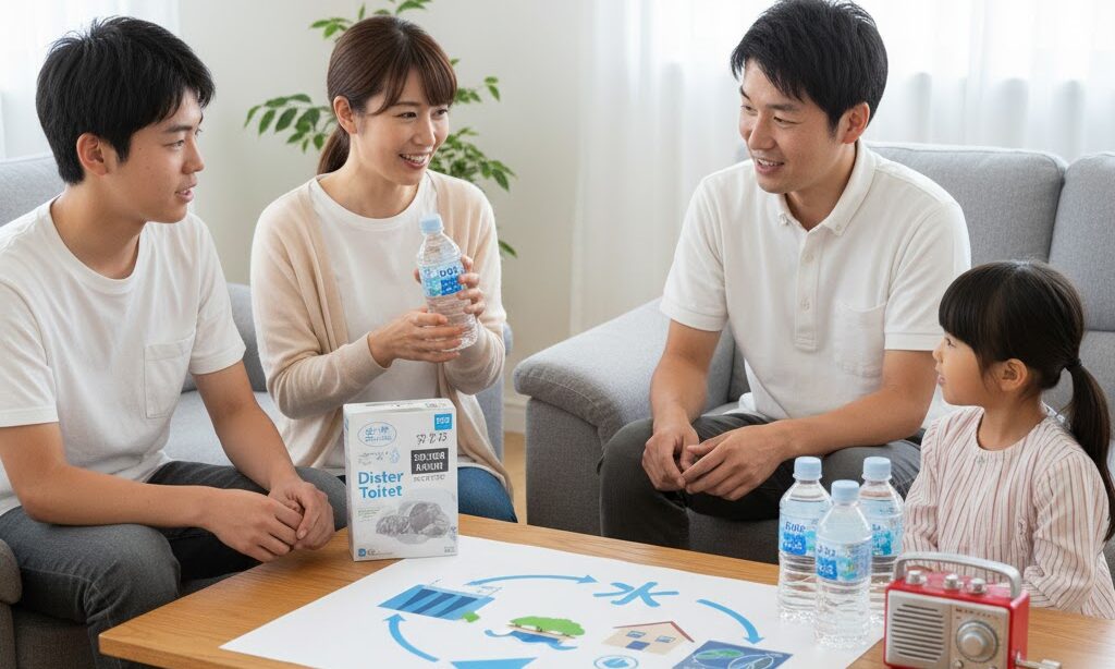 防災の勉強をする家族 トイレの水の流れと災害時の備えを話し合う防災学習シーン