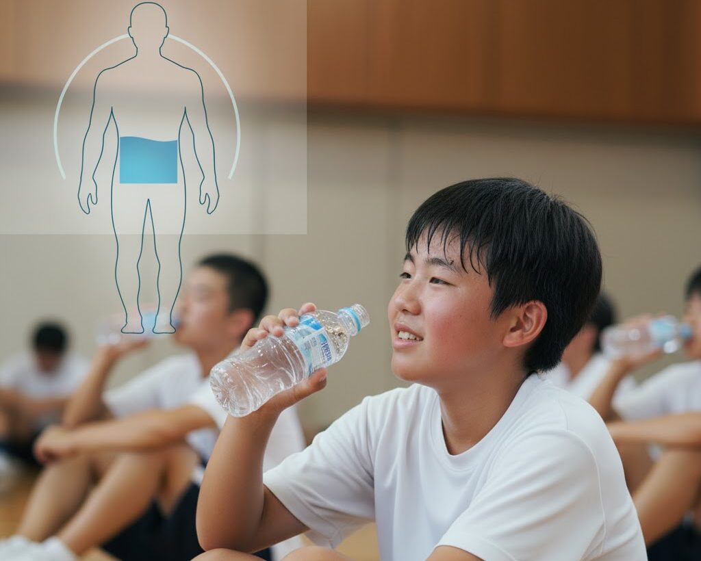 避難所で水を飲み脱水を防ぐ子どもの実写風イメージ。災害時の脱水リスクを表す写真