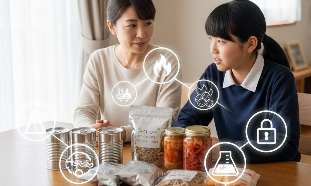 缶詰・レトルト・乾物などの保存食が並び、複数の保存技術を総合的に示した実写風イメージ。