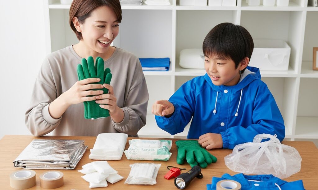 アルミブランケットやポリ袋など100均で揃う防災グッズを選ぶ親子の様子