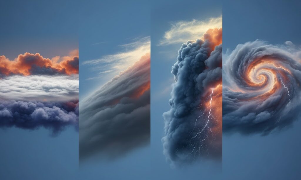 4種類の前線の違いを抽象的に比較した気象現象イメージ画像