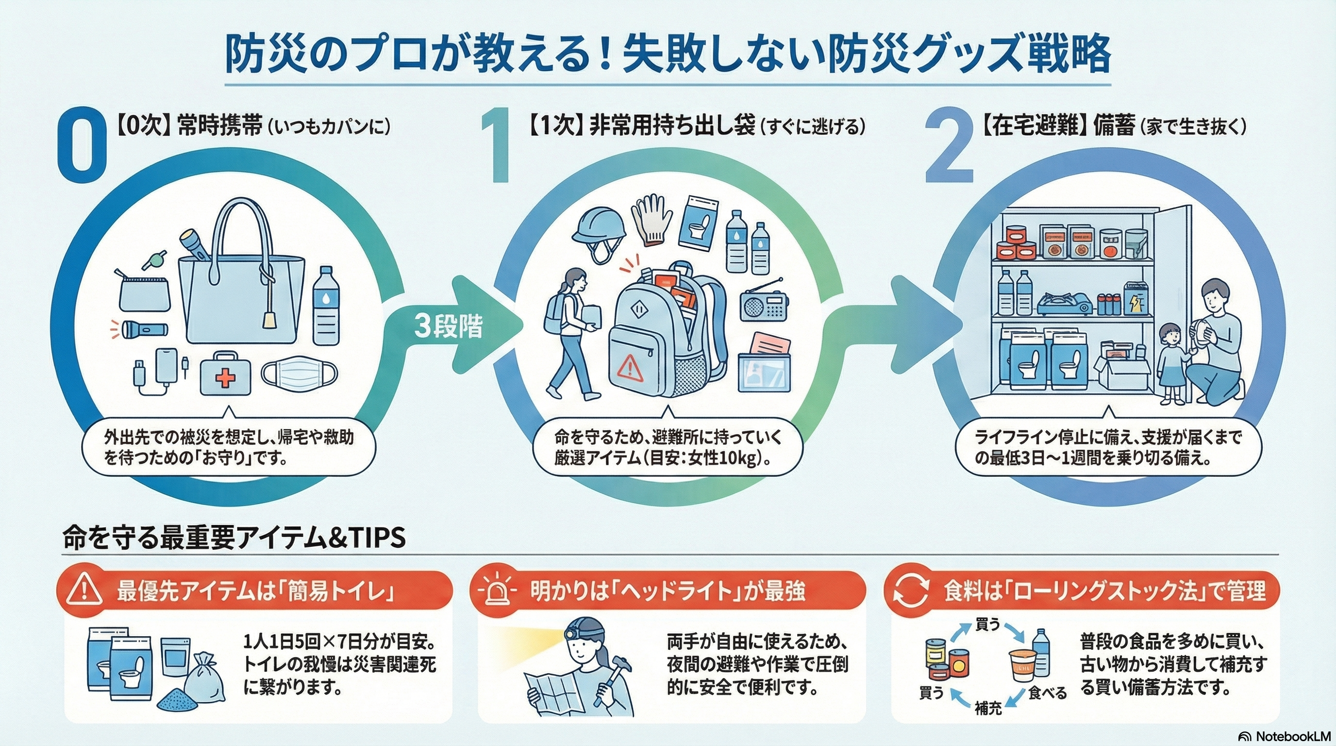 防災のプロが教える防災グッズの3段階(0次・1次・2次)の分け方と、簡易トイレ・ヘッドライト・ローリングストックの重要ポイント図解