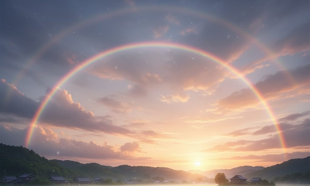 朝や夕方の低い太陽と虹が見える条件イメージ｜虹が見える時間 条件