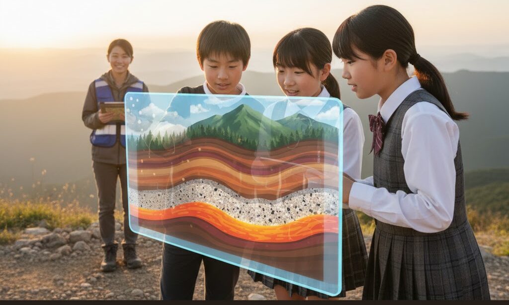 花崗岩のでき方を学ぶ中学生