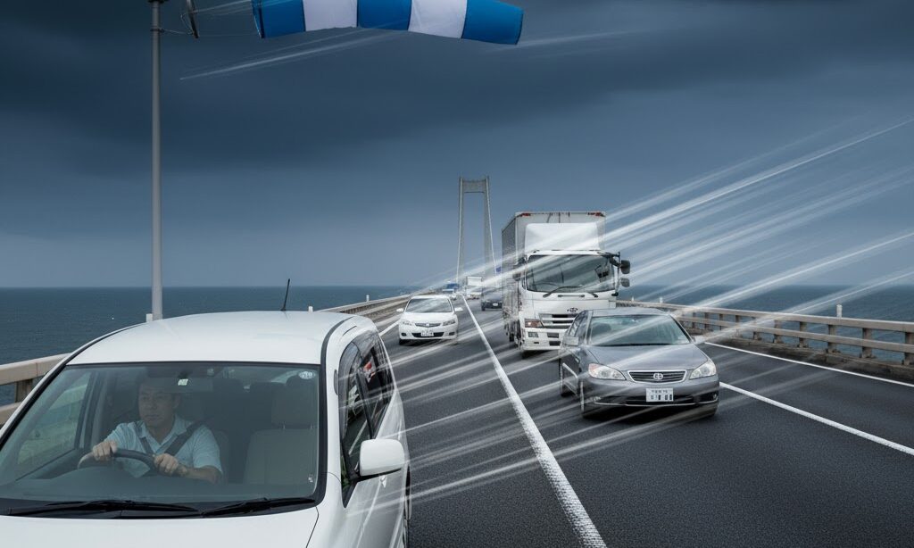 橋の上で横風を受け車の運転が危険になる風速の目安と注意喚起イメージ