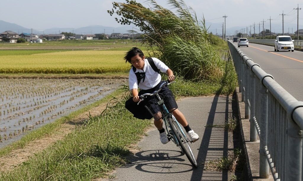 横風で自転車がふらつき通学中の学生が危険を感じている風速のイメージ