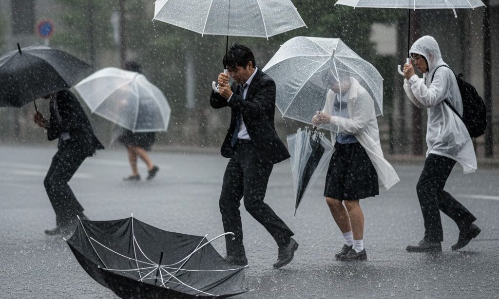 風速が強く傘がさせないほど裏返ってしまう雨の日の街角イメージ"