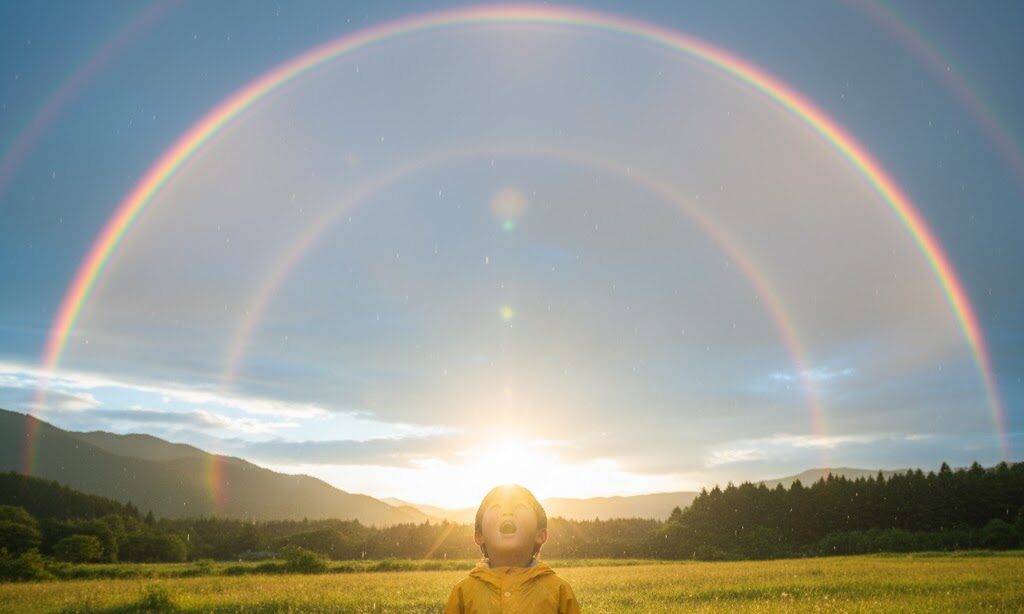 空に丸くかかる虹を見上げる子ども｜虹はなぜ丸いのか 小学生向け