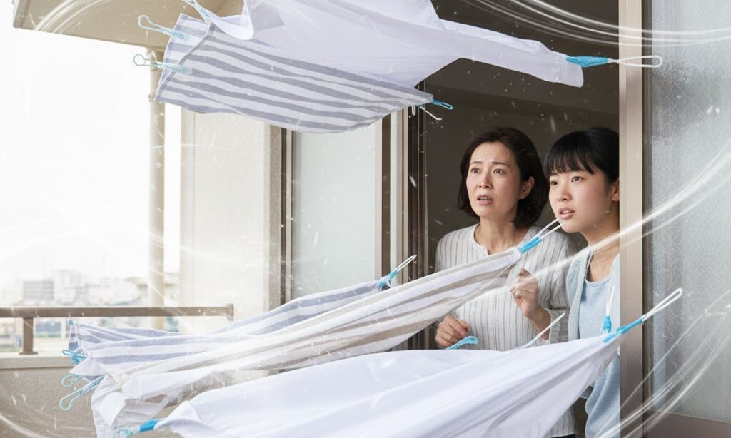 強風で洗濯物やピンチハンガーが飛びそうになっているベランダと風速の注意イメージ