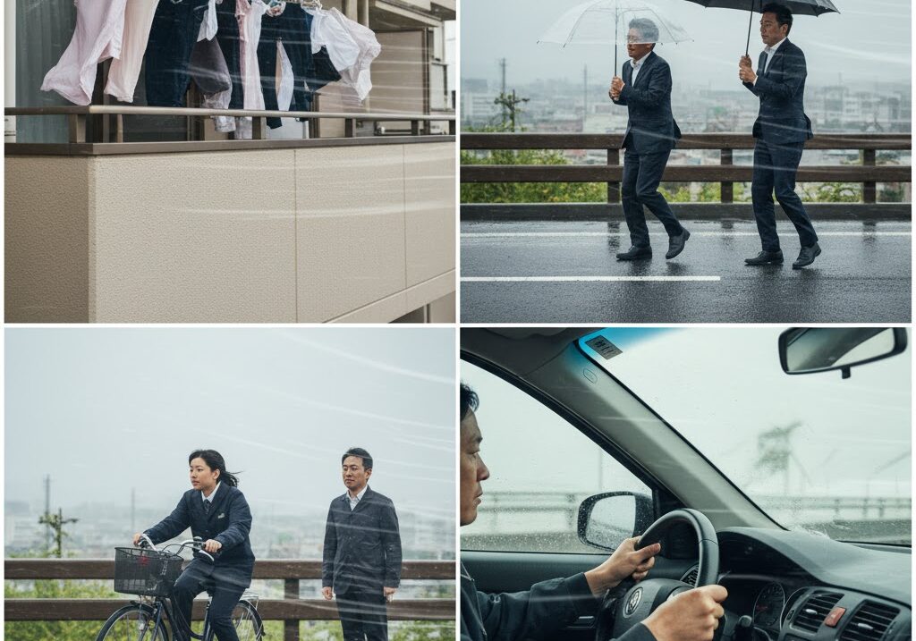 風速どれくらいから強いかを洗濯物や傘自転車車の生活シーン別に示したイメージ"