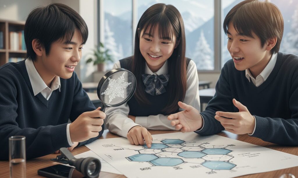 中学生が雪の結晶について勉強するところ