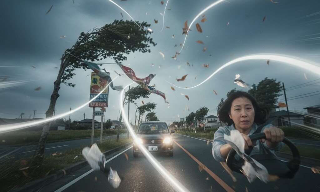 風速20mや30mの暴風で木や看板が大きくしなる災害級の風速の目安イメージ