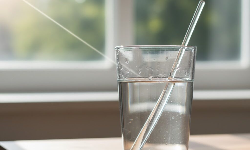 光が水の中で屈折して曲がる実写風イメージ｜光の屈折 虹の仕組み