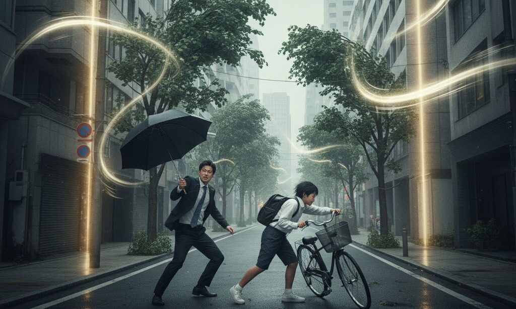 風速10mや15mで傘が裏返り自転車が進みにくくなる強い風の目安イメージ
