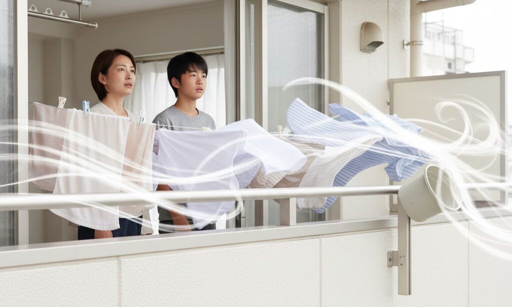 風速5mから8mで洗濯物や植木鉢が揺れる様子から生活の注意ラインを示すイメージ