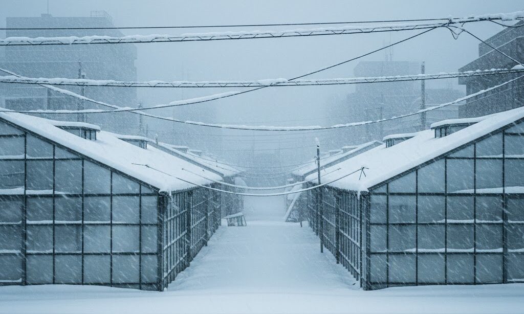 大きな雪の結晶が多いときの大雪リスクを示す実写風イメージ