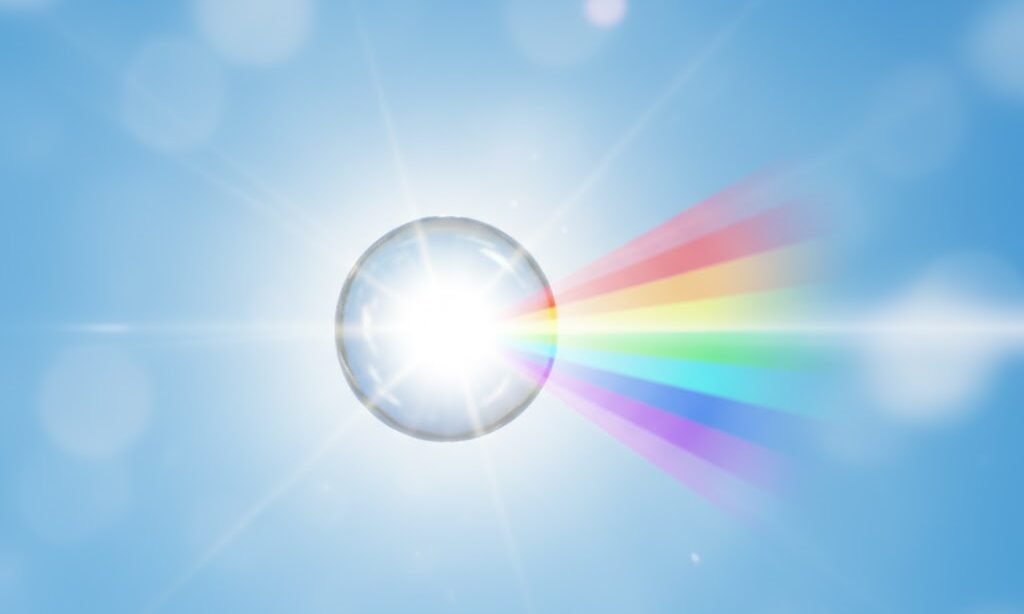 太陽の光が水のつぶに当たり色が分かれる様子｜虹はなぜできるか 解説用