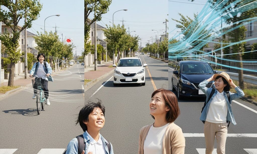 平均風速と最大瞬間風速の違いを突風で帽子を押さえる親子で表現したイメージ"