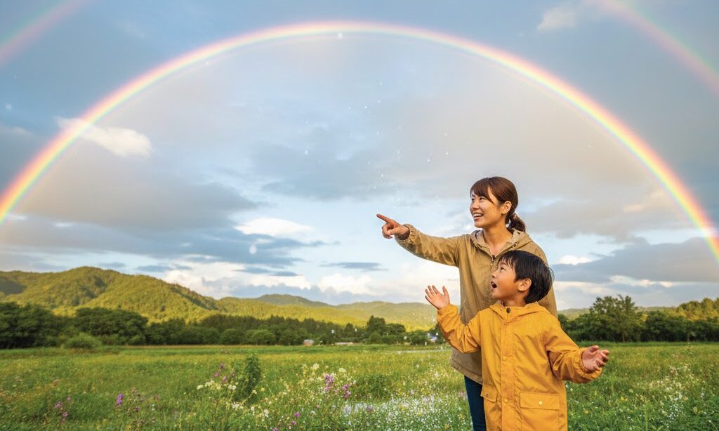 雨上がりの空にかかる虹を見上げる親子の実写風イメージ｜虹ができる仕組み 小学生向け 解説
