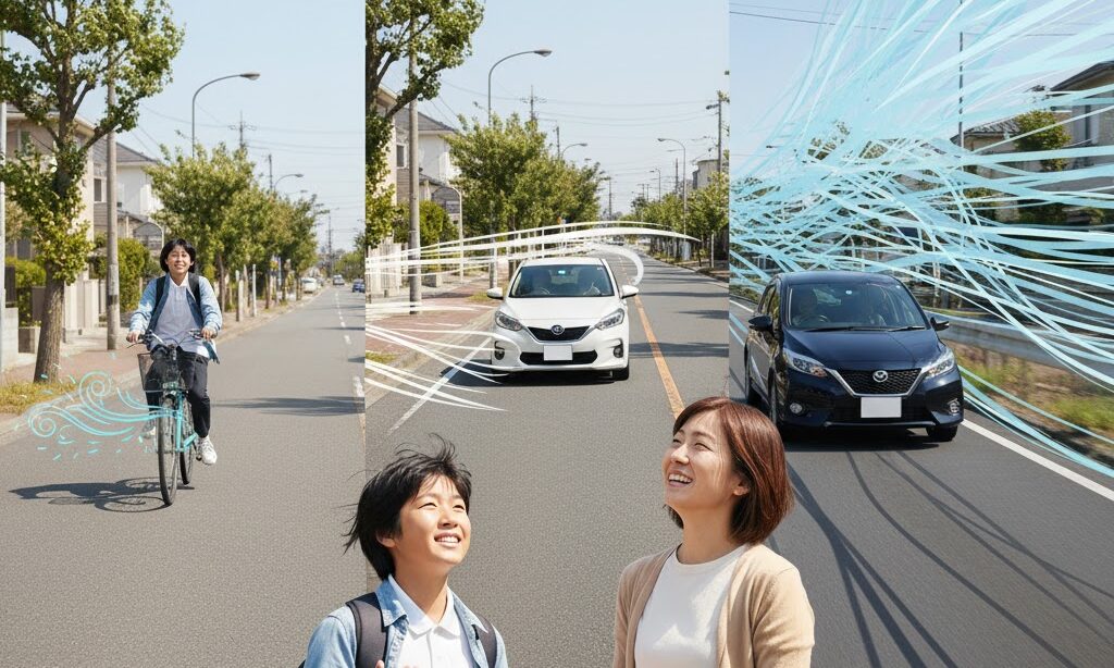 風速m毎秒と時速kmの違いを自転車と自動車のスピードで体感するイメージ図