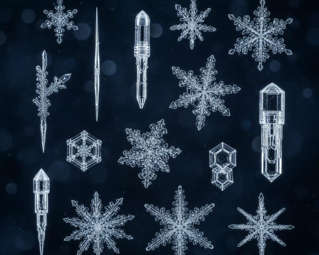 さまざまな雪の結晶の形を示した実写風マクロ写真イメージ