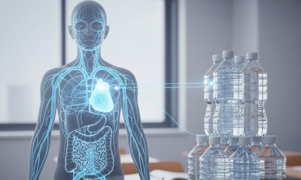 体内の水の流れを抽象的に重ね、水の備蓄と健康の関係を示した実写風写真。