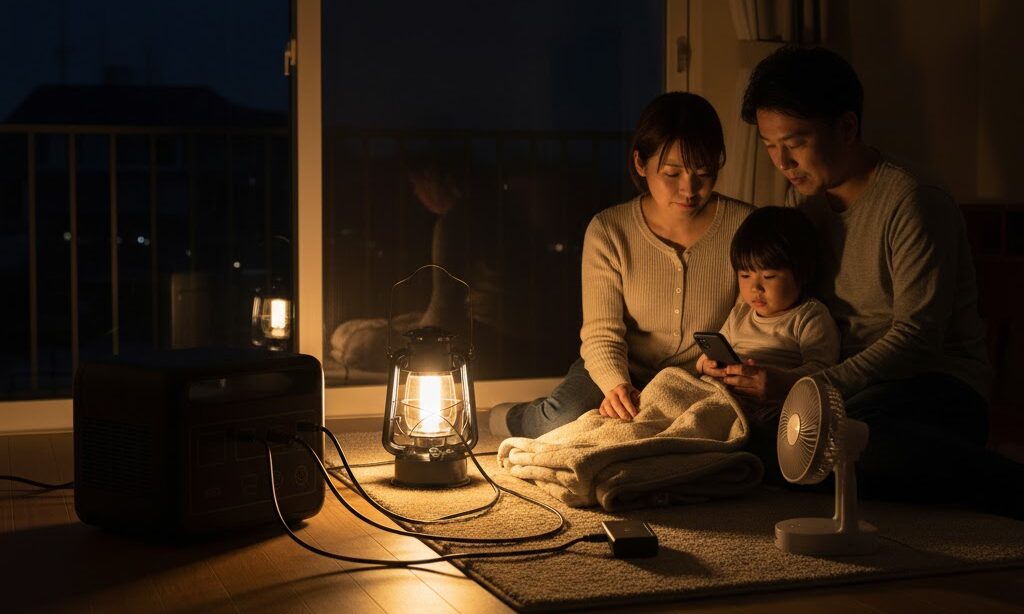 停電時にポータブル電源で明かりと充電を確保する日本人家族の在宅避難
