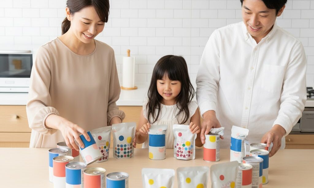 食品を循環させて入れ替えるローリングストックの手順を家庭で実践している様子の写真