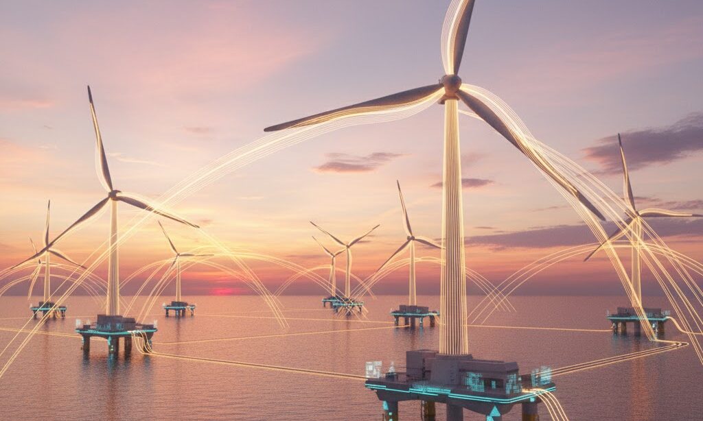 技術革新が進む大型風力タービンと海の景色を写した実写風イメージ