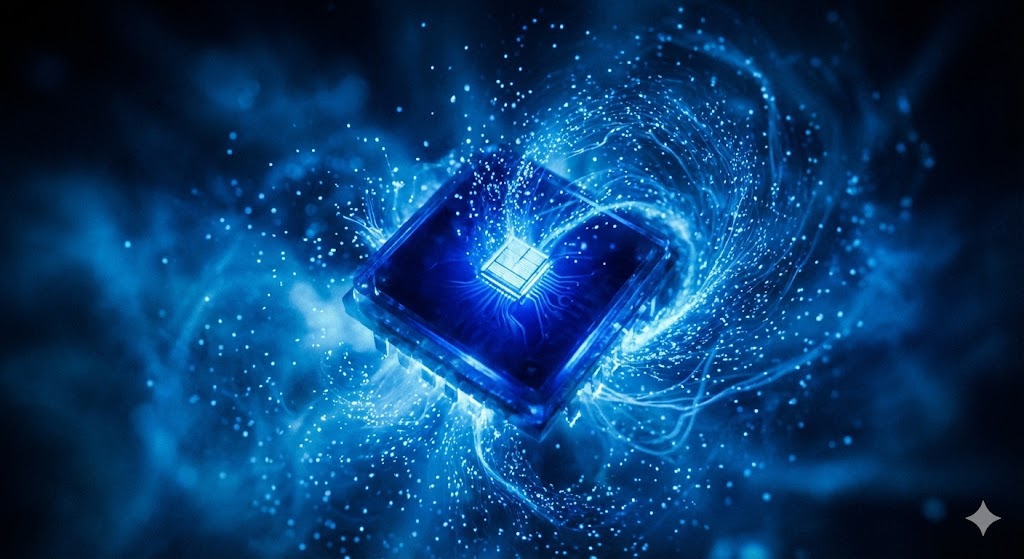 青色に強く発光するLEDと光粒の広がりをドラマチックに描いた抽象イメージ