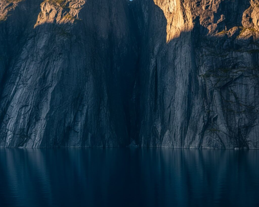 フィヨルドがとても水深が深い理由を示す、急深な断崖と深い海の景色