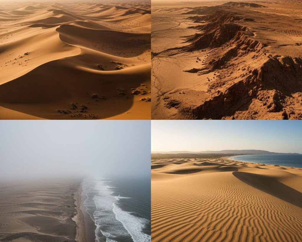 世界の砂漠と鳥取砂丘の違いを表すイメージ|砂漠と砂丘の比較