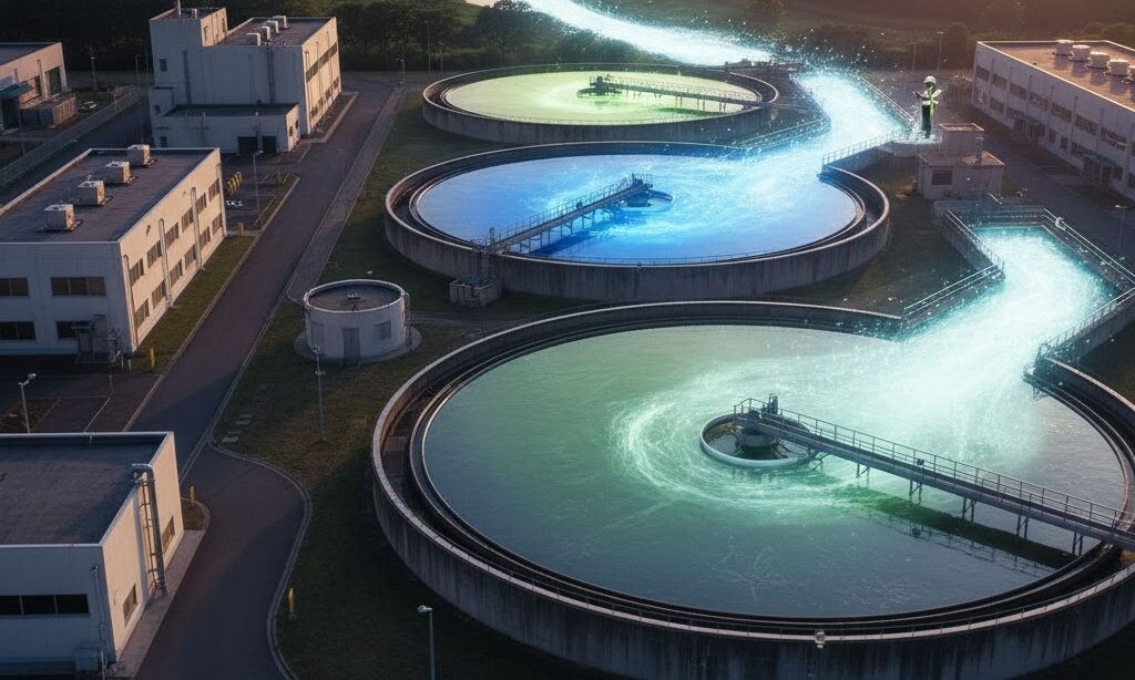 下水処理場の円形タンクで浄化される水の流れ 微生物による処理をイメージした風景