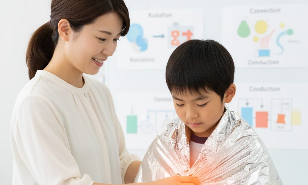アルミブランケットの使い方を学ぶ日本人親子 防災教育と理科の学びを融合したイメージ写真