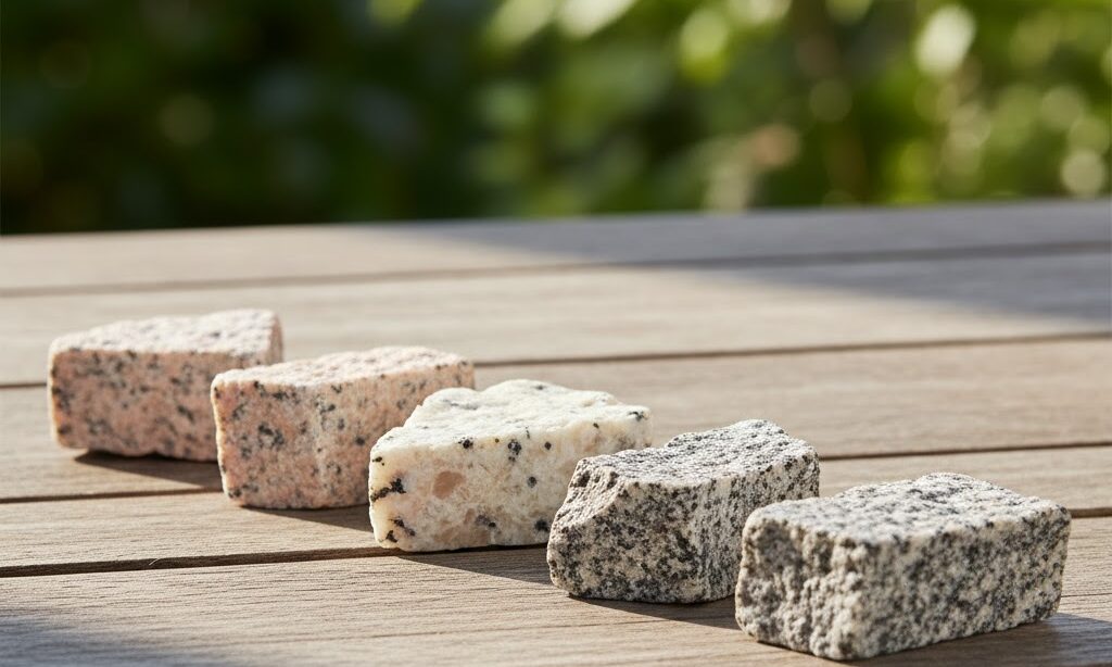 ピンク色や白色など異なる種類の花崗岩サンプルを並べた実写風画像。長石の色の違いによる岩石の色変化を解説。