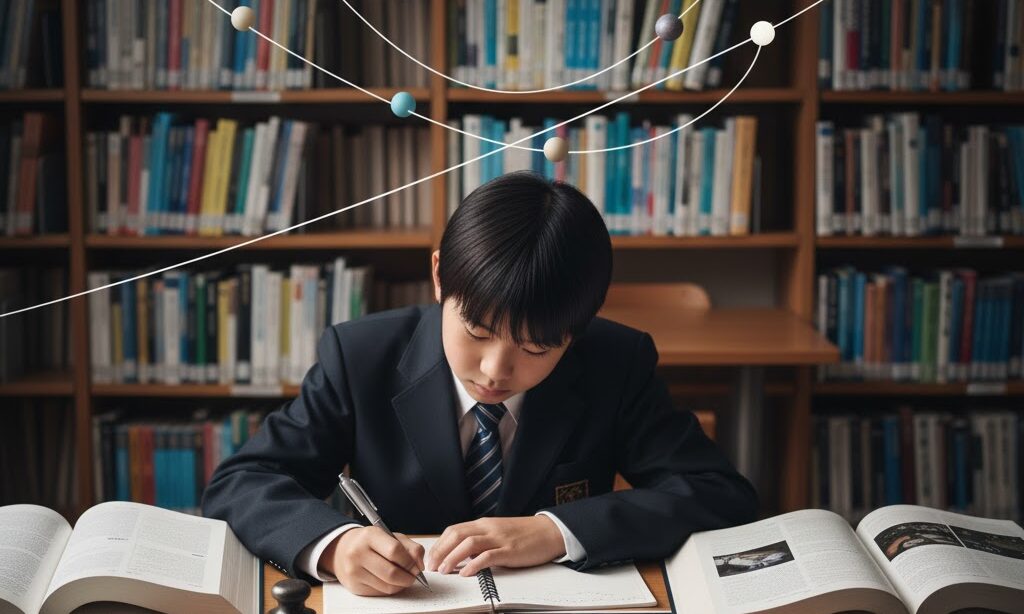 図書館で宇宙や重力の本を読み深く学ぶ中学生の実写風シーン