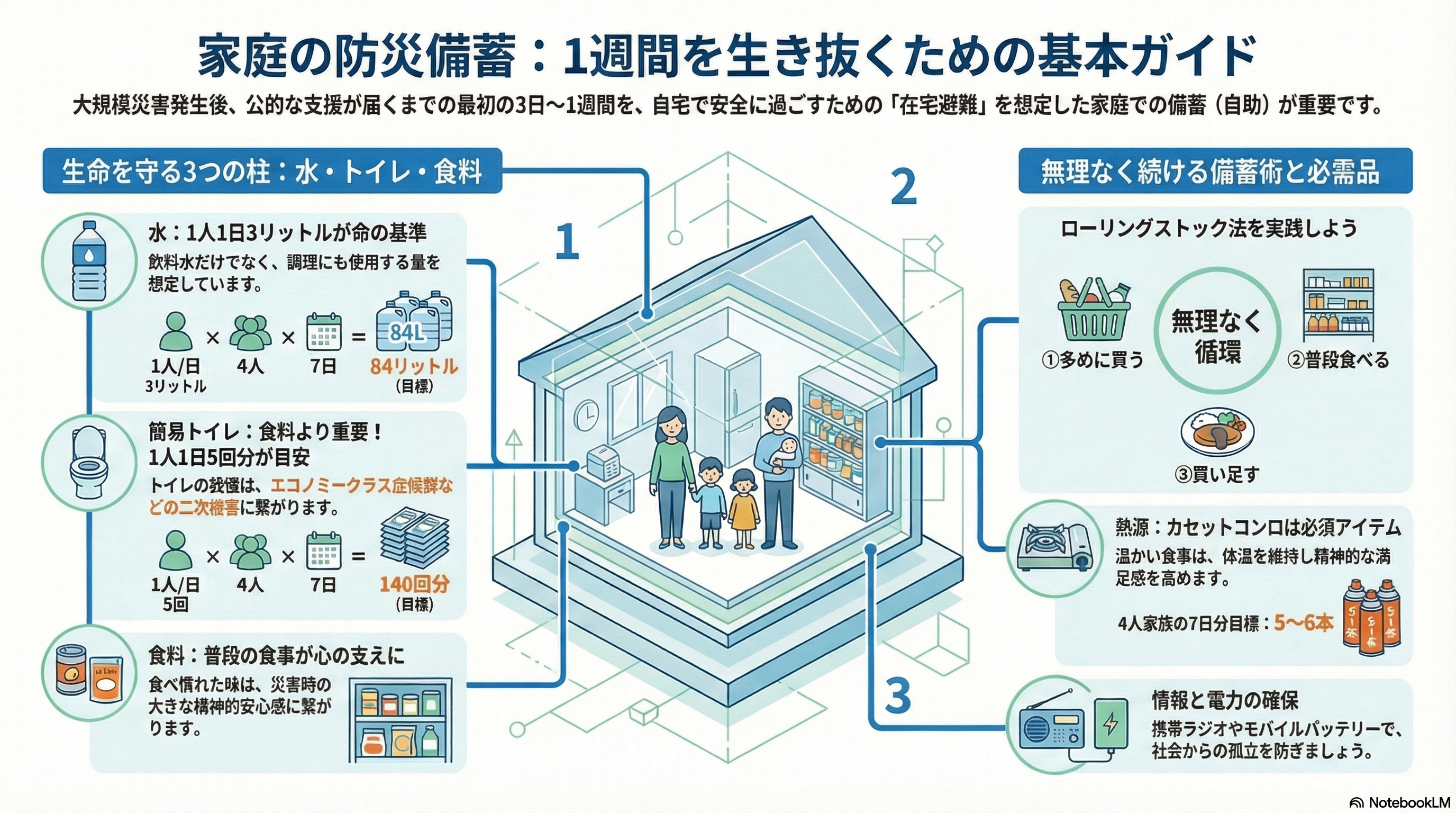家庭の防災備蓄：1週間を生き抜くための基本ガイド。在宅避難に必要な水（4人家族で84L）、簡易トイレ（140回分）、食料の具体的な計算式と、ローリングストック法やカセットコンロの必要性をまとめた図解イラスト。