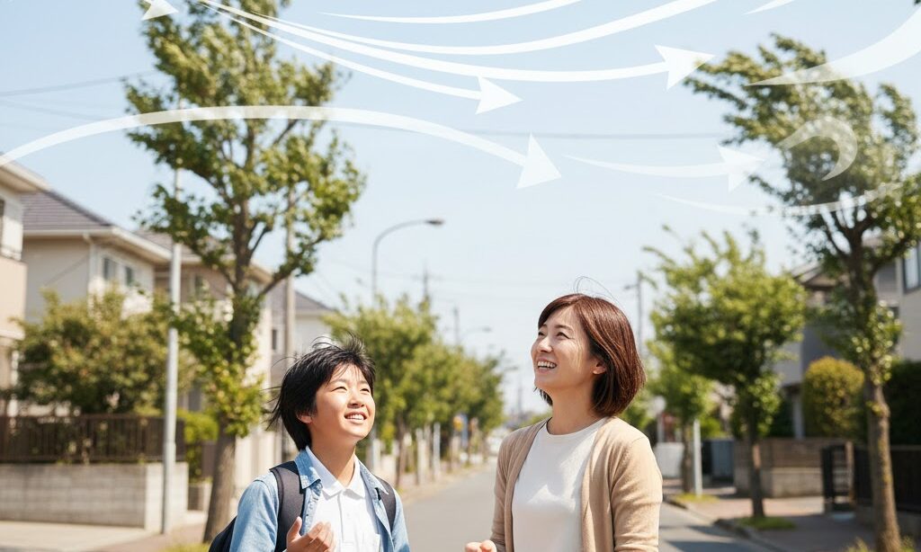 風速どれくらいから強いかを親子が体感している住宅街の風景 防災解説イメージ