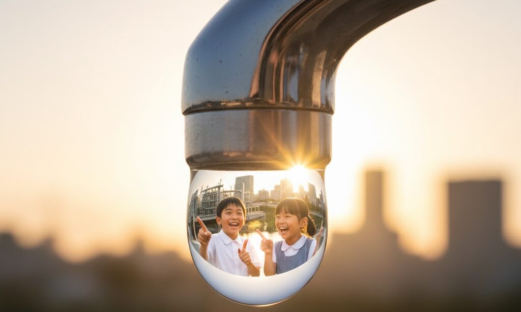安全な水と学びを象徴するイメージ｜浄水場の仕組みを学んだ小学生の笑顔