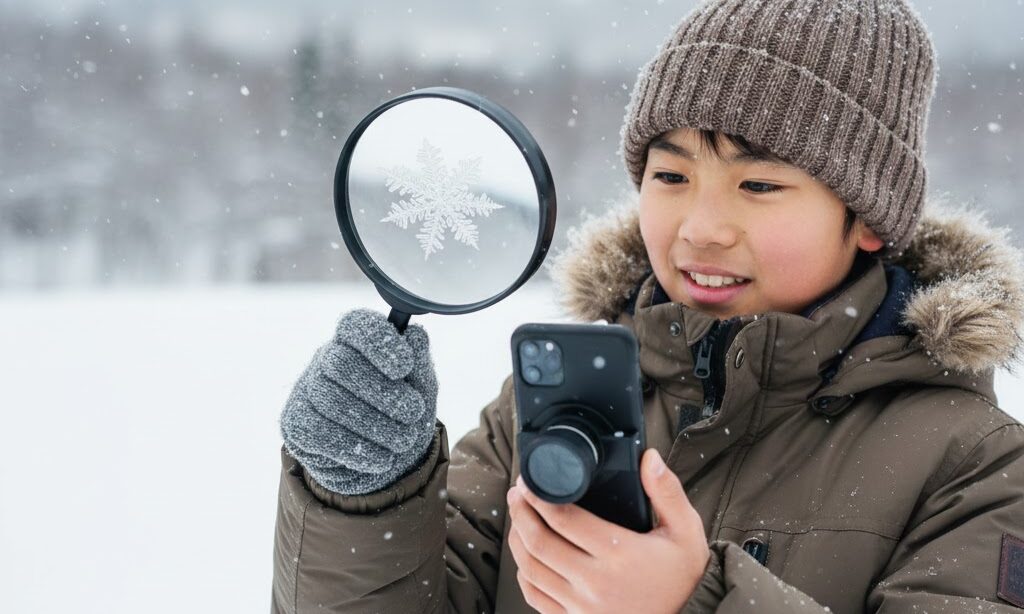 中学生が雪を観察する自由研究イメージ（日本の冬景色）