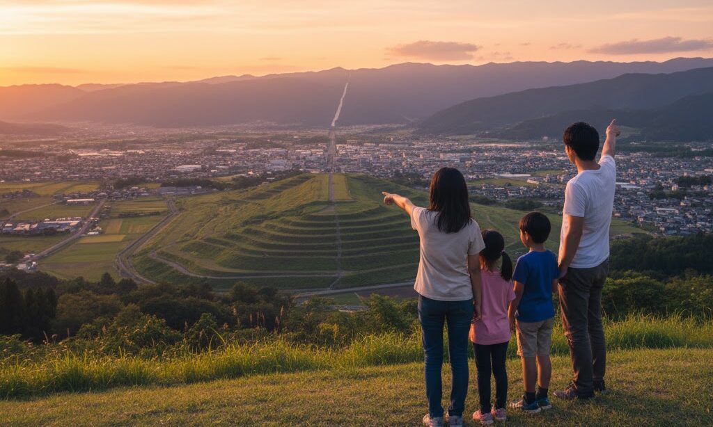 断層による崖のしくみと防災の重要性をまとめた象徴的イメージ|地形を学ぶ親子の姿