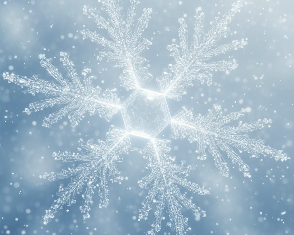 雪の結晶が角から枝分かれして成長する様子の実写風イメージ