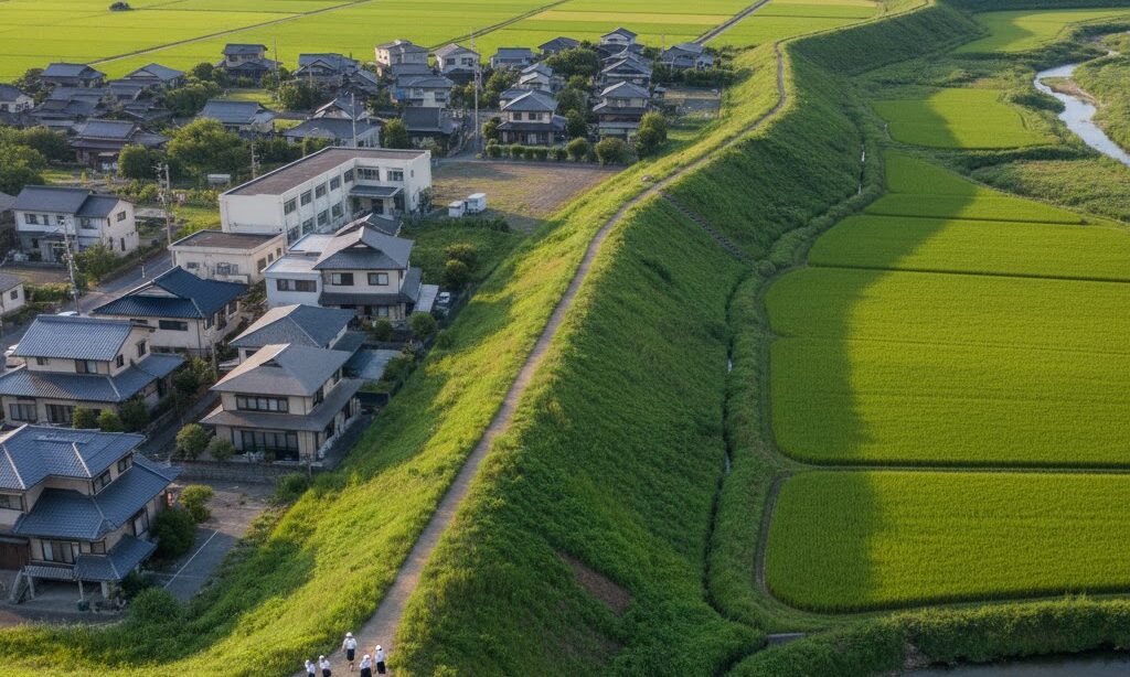 活断層が通る地域の特徴を俯瞰した実写風イメージ|段差地形と生活圏の関係
