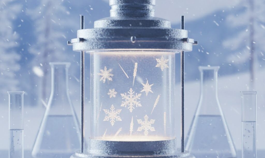 人工雪の研究と雪の結晶分類をイメージした実写風の科学シーン