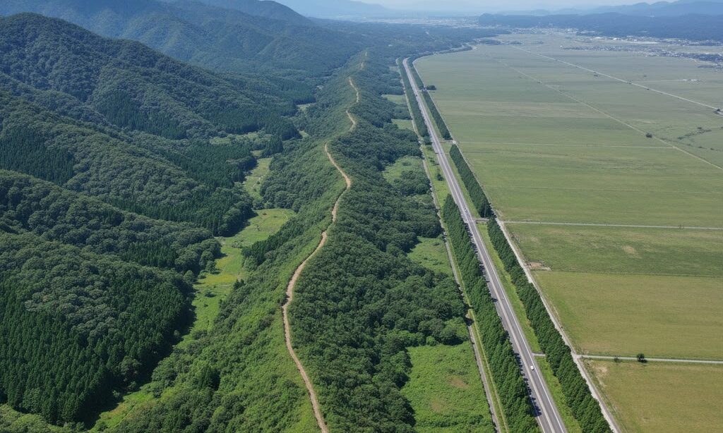 活断層崖とリニアメント(直線的な地形の並び)を示す航空写真風イメージ|断層の痕跡