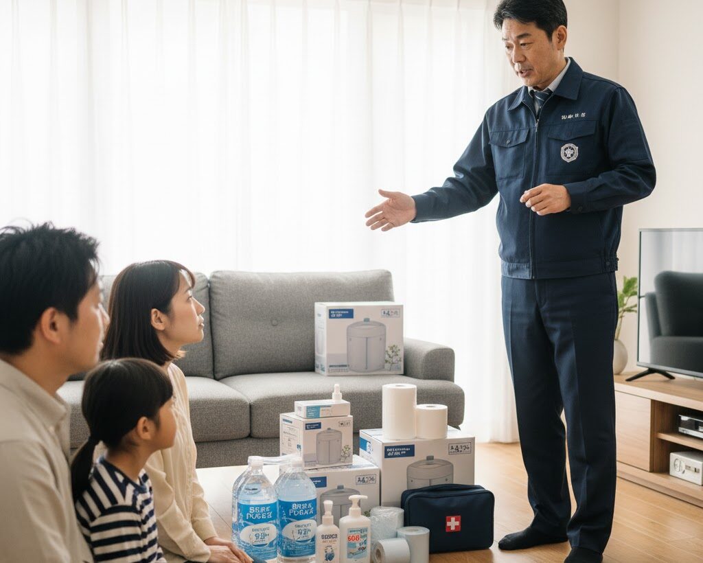 防災士が簡易トイレと備蓄水を前に断水時のトイレ対策を解説している様子