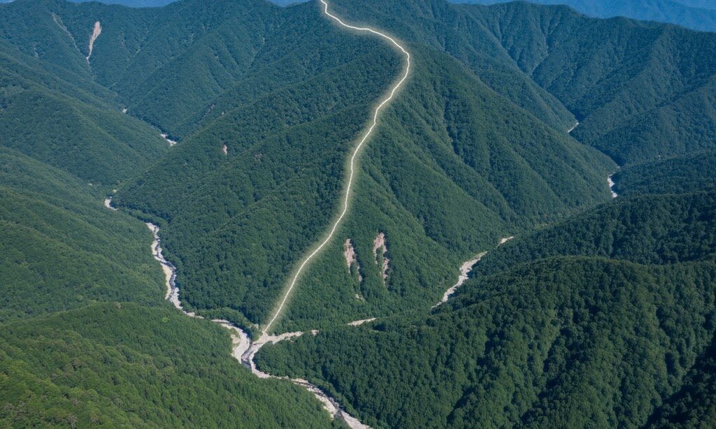 断層崖に見られる直線的な地形や谷のズレを示した実写風航空イメージ|活断層の特徴