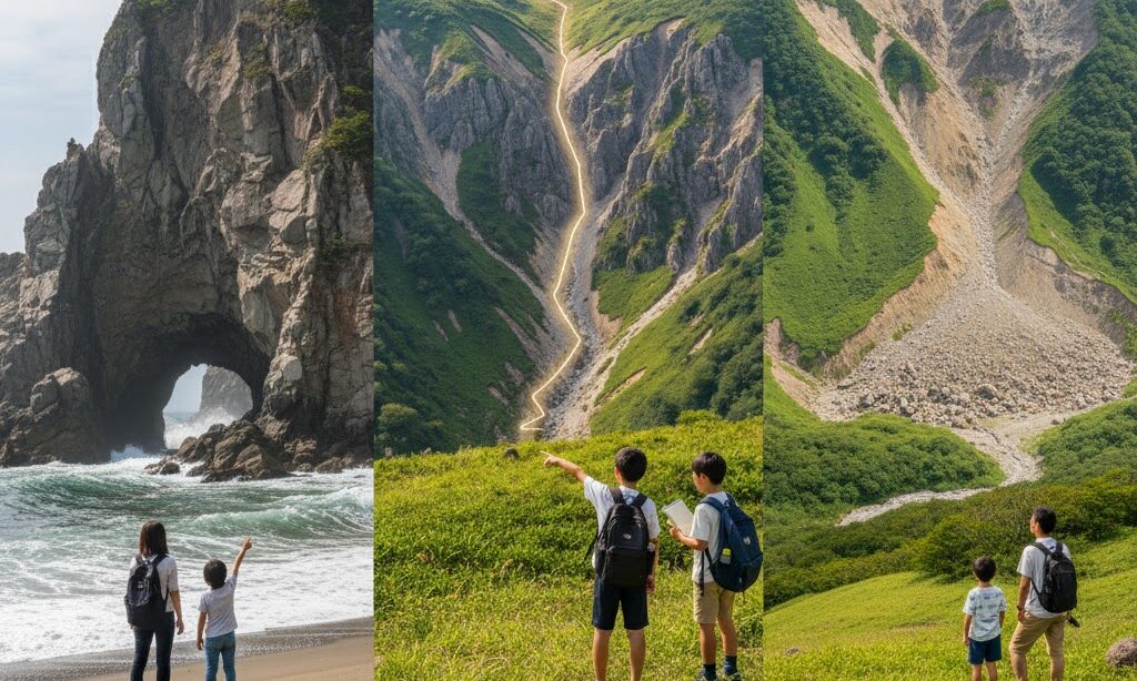 海食崖・断層崖・地すべり崖など崖の種類を比較した地形イメージ|崖の見分け方の参考画像